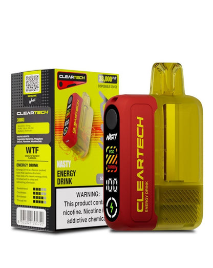 Cleartech energy drink package with red and yellow design on a white background