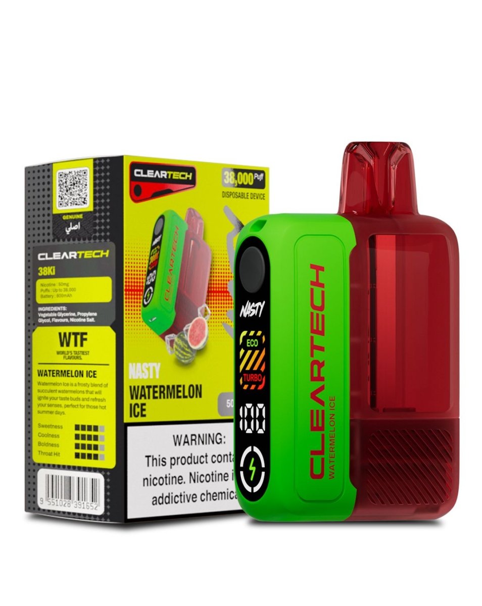 Green vape device with red top and Cleartech branding, next to its packaging on a white background. Nasty Cleartech 38k