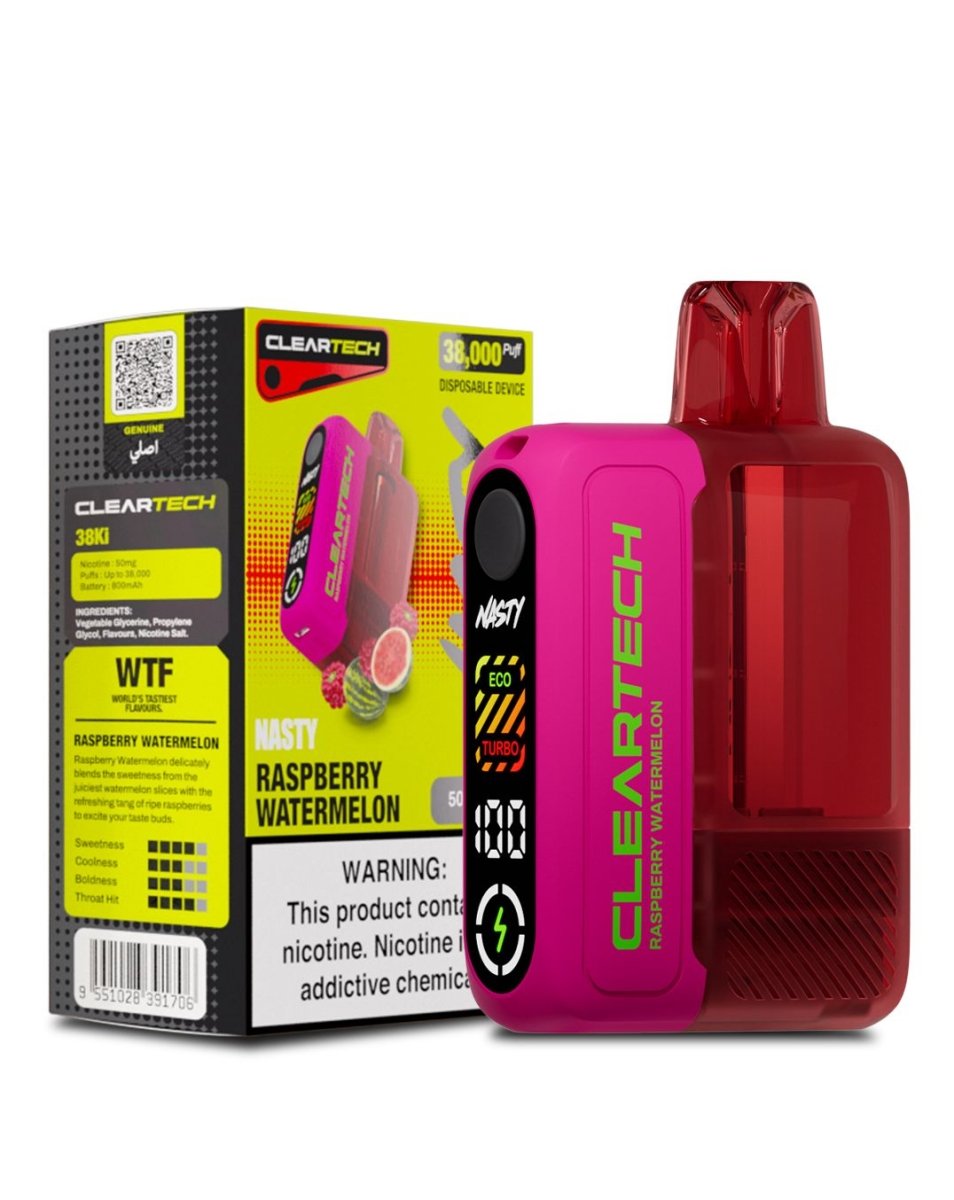 Red and pink vape device with 'Cleartech' branding next to its packaging on a white background